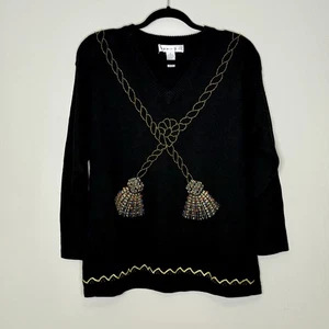 Suéter tejido negro con cuentas borla dorada Summit Hill vintage años 80 para mujer talla XL - Imagen 1 de 9