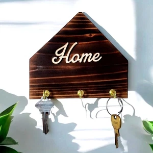 Rustic Wood Key Holder Wall Mount 3 Hook Hanger Handcrafted Home Decor Gift - Picture 1 of 6