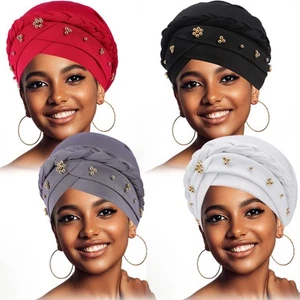 4 Pack Women's Turban Cap, Beaded Headscarf Beanie, African Braid Turban Cap ... - Picture 1 of 7