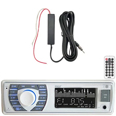 Pyle PLRMR23BTW Single DIN Marine Bluetooth Receiver, 12V Amplifier Booster Kit - Image 1 of 3