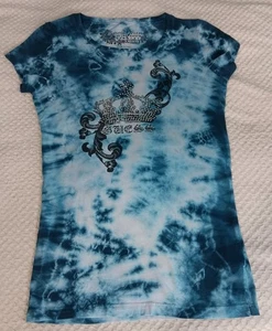 Guess Rhinestone Bling Blue Tie Dye Slim Fit Graphic Baby Tee Retro 90s Y2K Sz M - Picture 1 of 10
