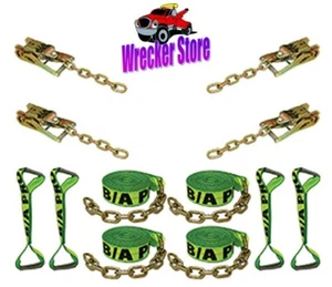 HI VIZ GREEN, 8 POINT 18' TIE DOWN STRAP SYSTEM w/Chains Rollback Carrier Hauler - Foto 1 di 2