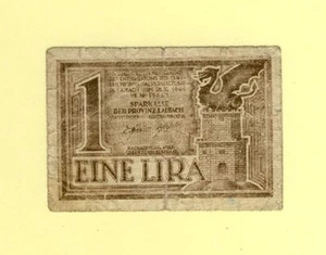 SLOVENIA LAIBACH YUGOSLAVIA 1 LIRA 1944 P-R2 F++ RARE - Picture 1 of 2