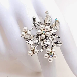 R001 Blume Faux weiße Perle klar AB Strass Silber verstellbar Mode Ring - Bild 1 von 7