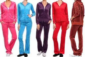 Velour Velvet Hoodie and Pants Tracksuit Set - Picture 1 of 19