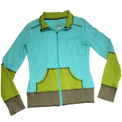 Chaqueta PrAna Track Mediana Para Mujer Azul Verde Cremallera Cáñamo Algodón Bloques de Color Bolsillos Foto 1 de 4