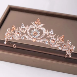 Rose Gold Tiara Pink Crown Detailed Princess Queen Bridal Prom diadem gift - Picture 1 of 6