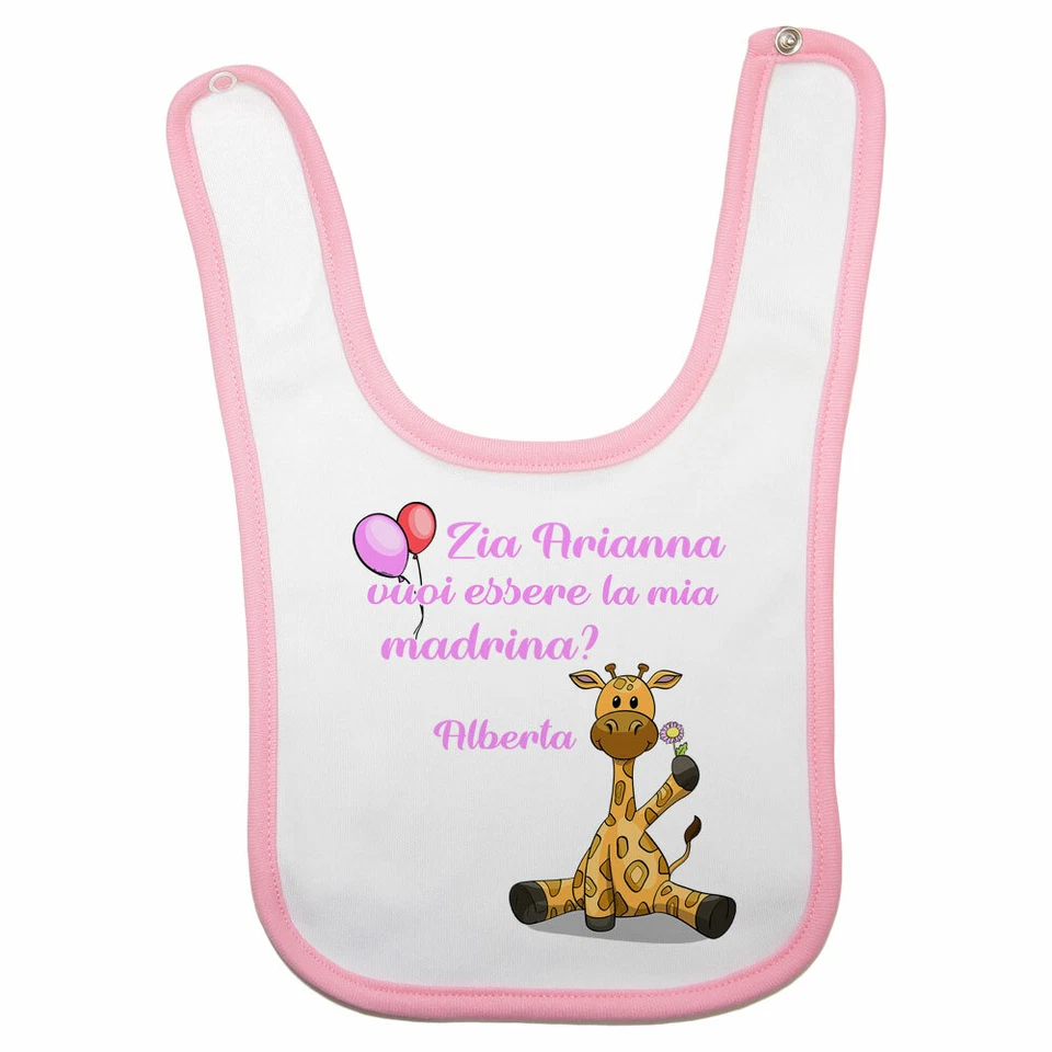 Bavaglino neonata personalizzato con nome e giraffa vuoi essere la mia madrina? - Immagine 1 di 1