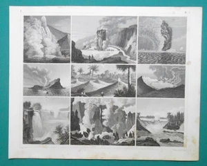 GEOLOGY Volcanos Geysers Iceland Niagara Falls Mt. Etna - 1844 Superb Print - Picture 1 of 2