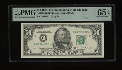 DBR 1988 $50 FRN Chicago Fr. 2123-G Gem PMG 65 EPQ Serial G09924322A - Image 1 of 2