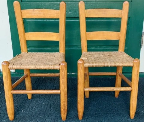 Set Of 2 1950s Maple Childs Chairs.  Handmade with Rush Seats.  Adorable Cover