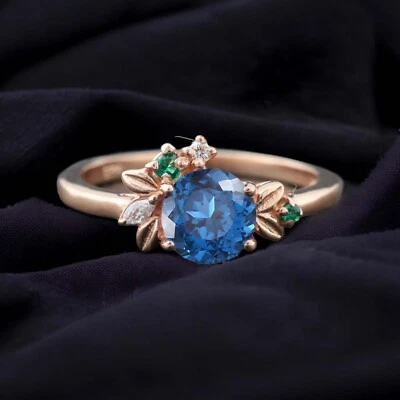 Anillo de plata de ley 925 de 5 mm con forma redonda de topacio azul natural anillo de ramita de esmeralda Foto 1 de 4