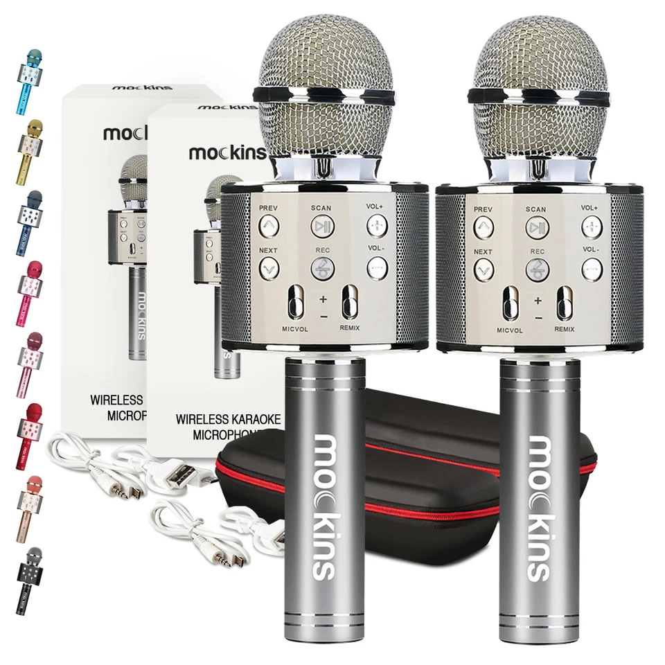 Mockins 2 Pack Silver Wireless Bluetooth KARAOKE MICROPHONE Holiday Gift, kids - Image 1 of 4