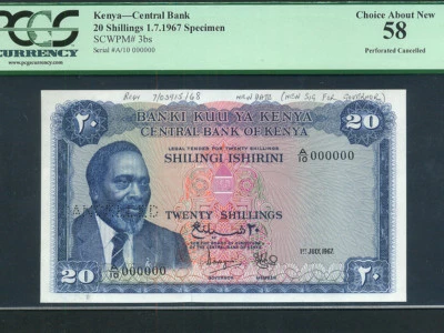 Kenya:P-3bs,20 Shillings,1967 * Jomo Kenyatta * Specimen * PCGS AU 58 * - Image 1 of 2