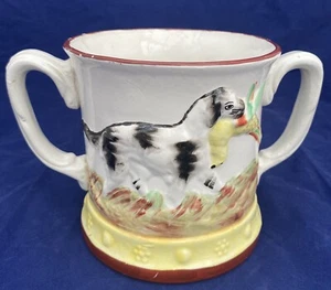 Antique Victorian Staffordshire Two Handled Large Frog Mug Spaniel Pheasant 1850 - Picture 1 of 11