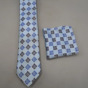 Light Blue Geometric Men Neck tie and Pocket Square Hankie Set Formal Wedding - Picture 1 of 5