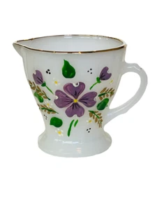 Anchor Hocking Creamer Milk Glass Fire King Oven Proof Purple Floral antique vtg - Picture 1 of 5