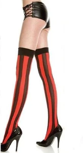 Red + Black Vertical Striped Thigh Hi Stockings Sexy Designer Lingerie P4219 - Picture 1 of 2
