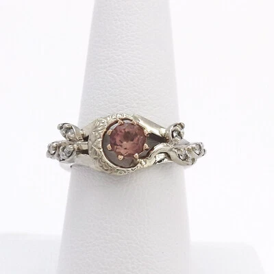 Art Deco 14k Gold Crescent Moon Setting Pink Tourmaline Diamond Ring Two Tone - Image 1 of 4