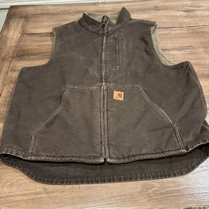 Carhartt Sherpa Lined Vest L Brown duck Canvas Full Zip V33 DKB work chore ride - Picture 1 of 10