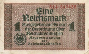 Genuine 1 Reichsmark 1939-1945 nazi banknote WW II fine con swastika  !!! - Picture 1 of 2