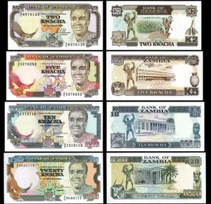 Zambia 4 Pcs SET, 2 5 10 20 Kwacha 1989 1991, UNC, P-29 30 31 32 - Picture 1 of 7
