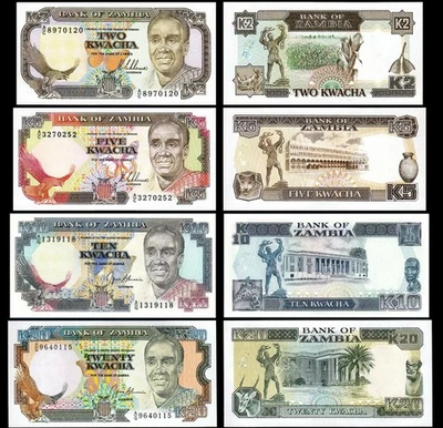 Zambia 4 Pcs SET, 2 5 10 20 Kwacha 1989 1991, UNC, P-29 30 31 32 - Image 1 of 4