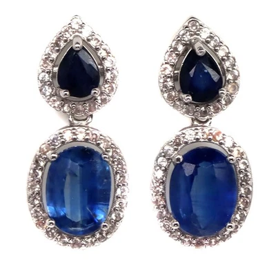 Plata 925 6 x 8 mm. Pendientes de piedra de nacimiento de cianita azul, zafiro y circonita cúbica Foto 1 de 4