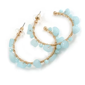 40mm/ Light Blue Stone Hoop Earrings in Gold Tone/ Medium - Picture 1 of 5