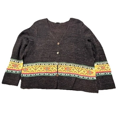 Peruvian Connection Pima Cotton Cardigan Sweater XL Fair Isle Gray Peru - Image 1 of 4