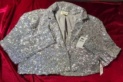 Открытый редактировать совершенно Серебряный блестками укороченный куртка, XL, новый с ярлыками - Изображение 1 из 4