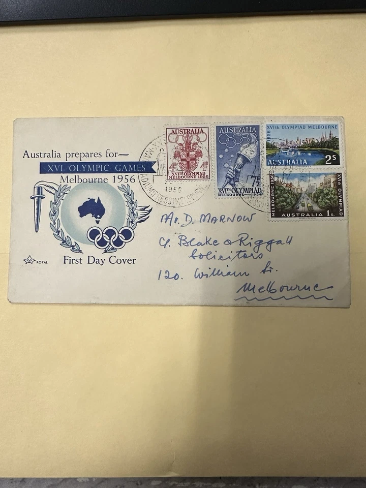 1956 Melbourne Australia, First Day Cover, Blue, Stamps, Water Mark, Royal - Image 1 of 4