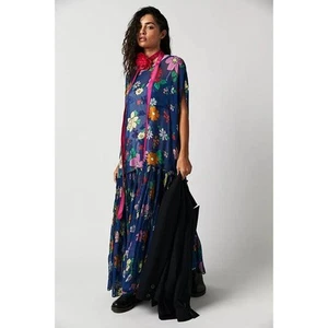 New Free People Mina Retro Floral Maxi Dress Chiffon $298 X-SMALL Blue Mini Slip - Picture 1 of 7