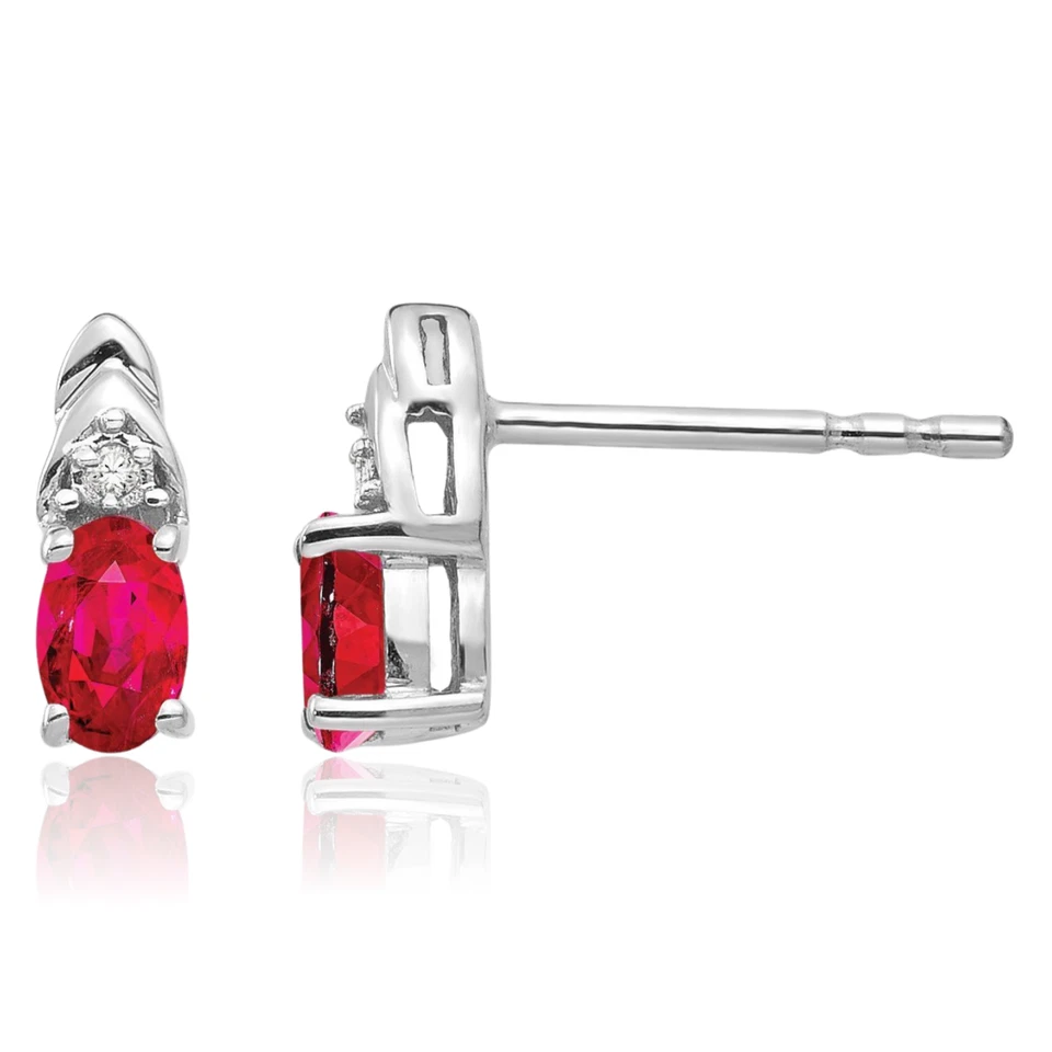 14K Solid White Gold Ruby Diamond Dangle Stud Earrings - Image 1 of 4