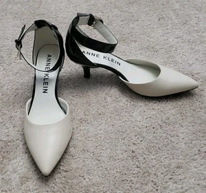 Anne Klein Pointed Toe Ankle Strap Pump Ivory Black Heel Womens 8M AK7FAYZA - Picture 1 of 17