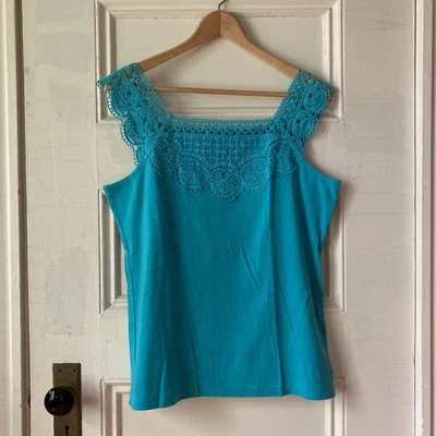 Dressbarn Petite Teal Blue Tank Top Lace Square Neck Summer XL - Image 1 of 4