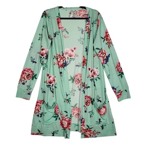 Strickjacke gekitzelt türkis Blumen Damen groß grün rosa lange Linien Taschen Boho - Bild 1 von 9
