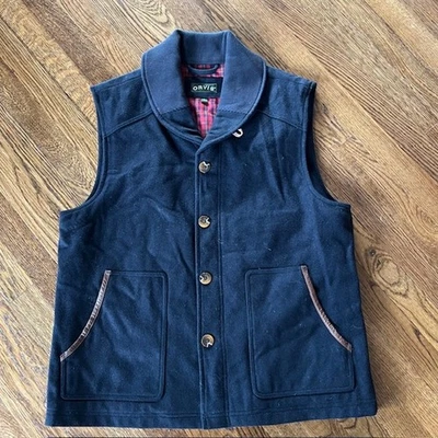 Orvis Hyde Park Knit Collar Vest Gilet Men's L Plaid Lining Wool Blend Navy Blue - Image 1 of 4