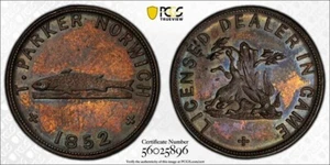 1852 G.B. Lotto Norwich T. Parker Game Dealer Farthing Token PCGS MS63BN #G058 - Foto 1 di 4