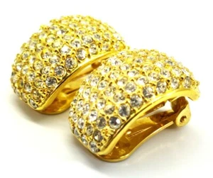 Vintage Signed Roman Rhinestone Pierced Huggie Half Hoop Earrings Gold Tone - Picture 1 of 12