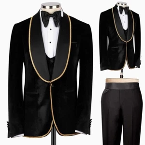 Men's Black Velvet Jacket with Diamonds Shawl Collar Blazers Pant for Wedding - Picture 1 of 19