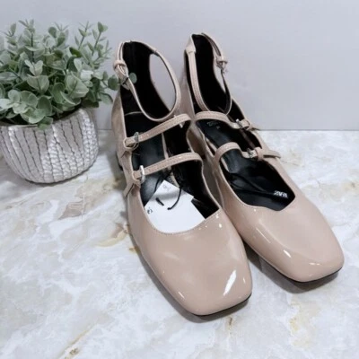 NUEVO CON ETIQUETAS Zapatos Zara Tacón Bloque Puntera Cuadrada Mary Jane Imitación Charol Talla 8 Foto 1 de 4
