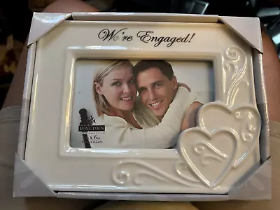 Malden Photo Picture Frame "We're Engaged" White Ceramic 4" x 6" Freestanding - Image 1 of 2