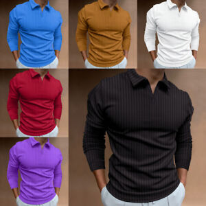 Male Casual Autumn Striped Fabric T Shirt V Neck Turn Down Collar Long Sleeve