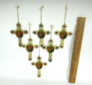 SET OF 6 VTG GOLDEN METAL CROSS CHRISTMAS TREE ORNAMENTS MADONNA AND CHILD - Picture 1 of 12