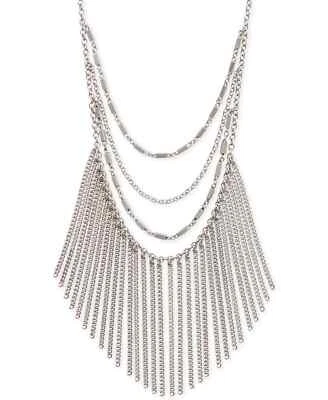 New Lucky Brand Layered Chain & Frontal Fringe Bib Necklace, 20"L in Silver-Tone - Image 1 of 2