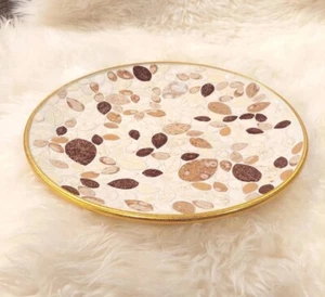 Leaves Ochre Brown Gold Mosaic Tile Tray Dish 11.5” Vintage MCM Platter Plate - Picture 1 of 9