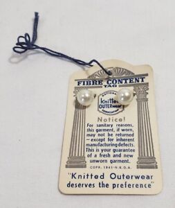 Vintage FIBRE CONTENT TAG + Pearl replacement buttons 2 on card 1941 NKOA