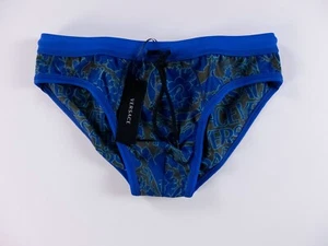 VERSACE blue floral & logo print swim briefs Size 4 / Medium trunks authentic - Picture 1 of 6