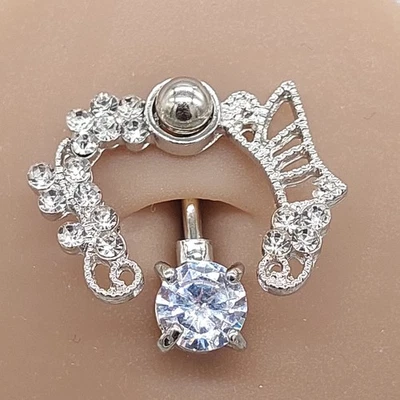 Belly Bars Button Piercing Bar Dangle Navel Body Jewellery Gem Ring Silver Round - Image 1 of 4